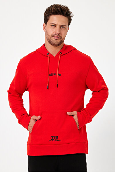 CLIPMAN Erkek Regular Fit Kapüşonlu 2 iplik Baskılı Sweatshirt Kırmızı