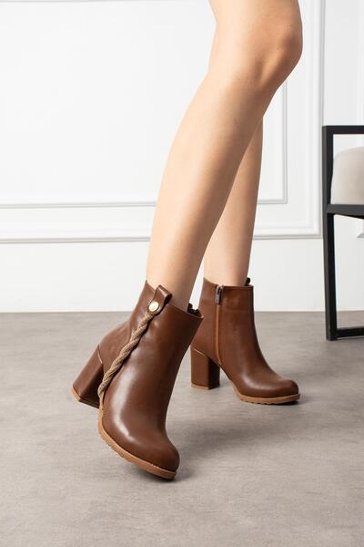 ShoeTek Karolina Kadın Bot Fermuarlı Taşlı Taba Deri