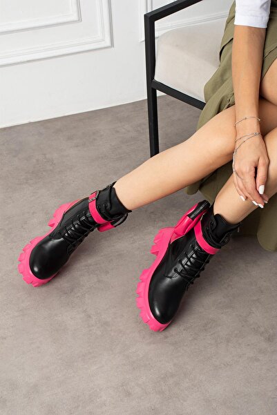 ShoeTek Lorbi Kadın Bot Çantalı Postal Fuşya Tabanlı Siyah Deri