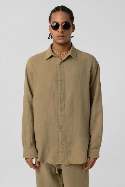 VAMOSCLO Oversize Long Sleeve Muslin Fabric Shirt Khaki