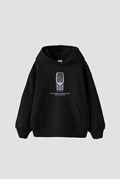 Sekizbiraltı Hanorac negru oversize unisex cu imprimeu Forever Battery