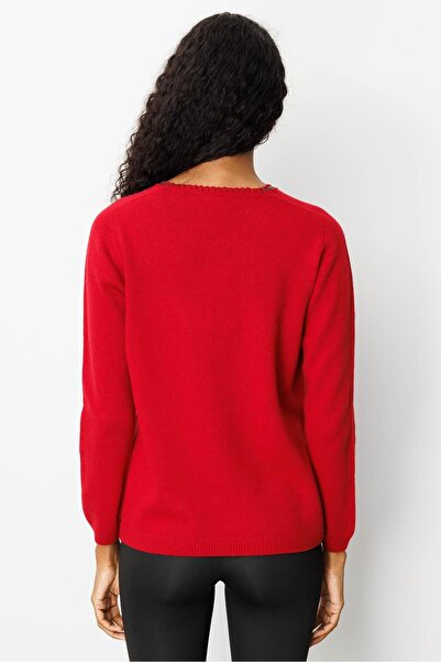 Desen Triko Women's Crew Neck Pocket and Collar Crocheted Wool Sweater Dark Red