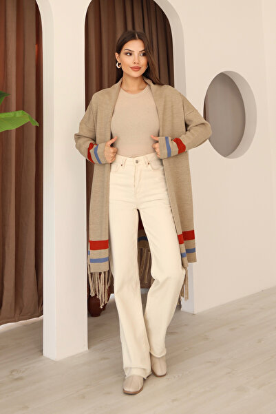 ALCHON U-Neck Long Sleeve Striped Stripe Interlace Pattern Skirt Tassel Shawl Look Seasonal Knitwear Cardigan