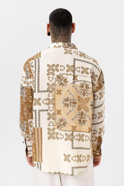 VAMOSCLO Ethnic Patterned Oversize Shirt Mink