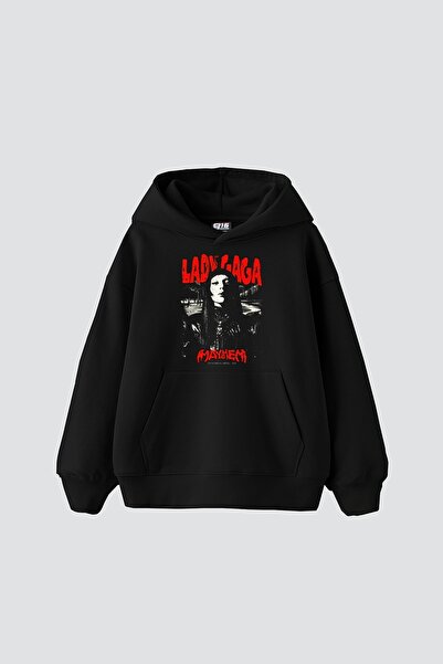 Sekizbiraltı Lady Gaga Printed Oversize Unisex Black Hoodie