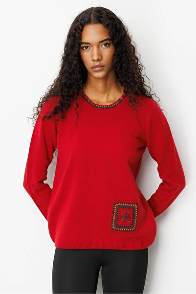 Desen Triko Women's Crew Neck Pocket and Collar Crocheted Wool Sweater Dark Red