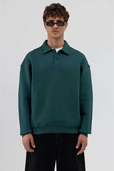 İLKCET MODA Πράσινο Premium Oversize Unisex φούτερ με κουμπιά