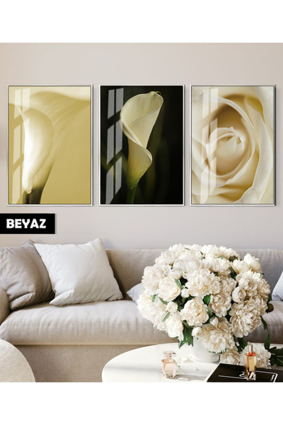 Harikabirev Hari̇kabi̇rev | Yellow Color Tulip Combination Soft | Framed Glass Table 3-Piece Vertical