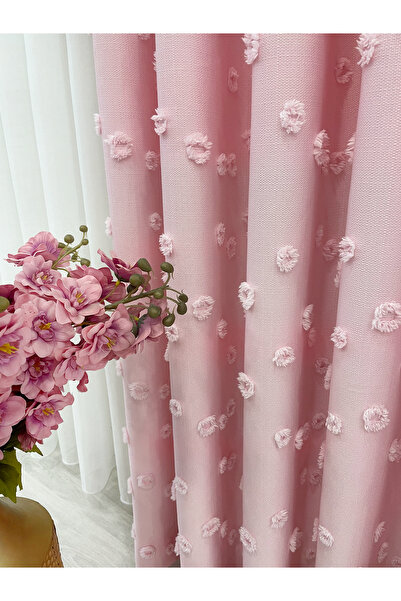 Perde Pendik Backdrop Curtain Candy Pink Puffy with Tassels, Pom-Poms, Curtain with Tight Pleats Linen Panel Backdrop Single Panel