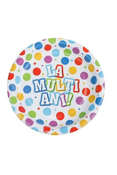 SHOPIENS Set 10 farfurii de carton 23 cm cu puncte colorate și imprimeu „La mulți ani” pentru petrecere de copii