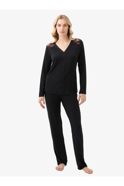 Blackspade Women's Black Front Button Lace Detailed Pajama Set – Long Sleeve, V-Neck C2T0N915