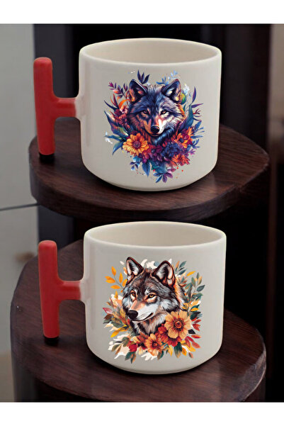 lili hediyelik أكواب سيراميك مطبوعة بتصميم الزهور والذئب - طقم من كوبين للقهو...