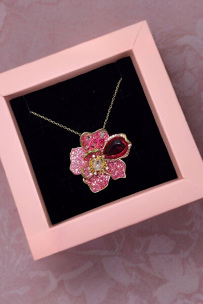 captiva Gold Çelik Zincirli Büyük Boy Pembe Kırmızı Taşlı Çiçek Kolye 45 cm
