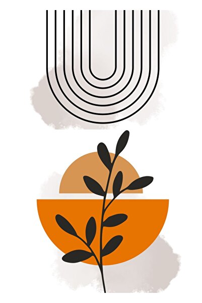 Harikabirev Hari̇kabi̇rev | Orange Color Abstract Bohemian Plant Combination | Framed Glass Table 2-Piece Vertical