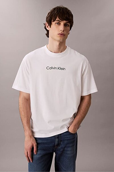 Calvin Klein Erkek Regular Fit Yazı Baskılı Pamuklu T-Shirt - Beyaz