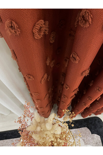 Brillant Brick Color Pompom Pufy Background Curtain 1/3 Sik Pleat