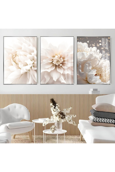 Harikabirev Hari̇kabi̇rev | Soft White-Cream Tone Flowers Model | Framed Glass Table 3-Piece Vertical