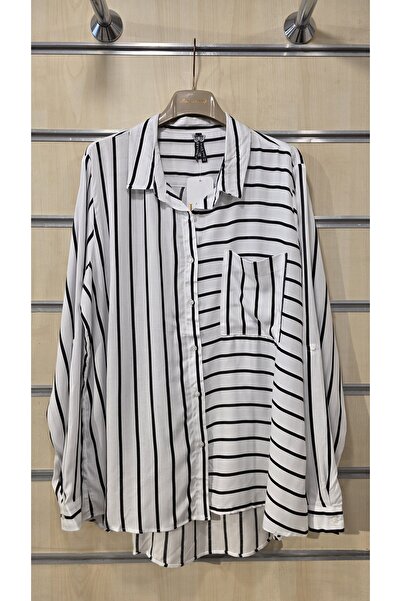 trendbysena Black Striped Women's Shirt Buttoned Single Pocket