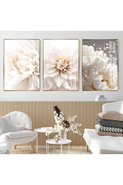 Harikabirev Hari̇kabi̇rev | Soft White-Cream Tone Flowers Model | Framed Glass Table 3-Piece Vertical