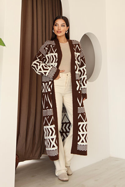 ALCHON V-Neck Off-The-Shoulder Long-Sleeved Geometric-Shaped Jacquard Midi Below-The-Knee Length Thick Winter Knitwear Cardigan