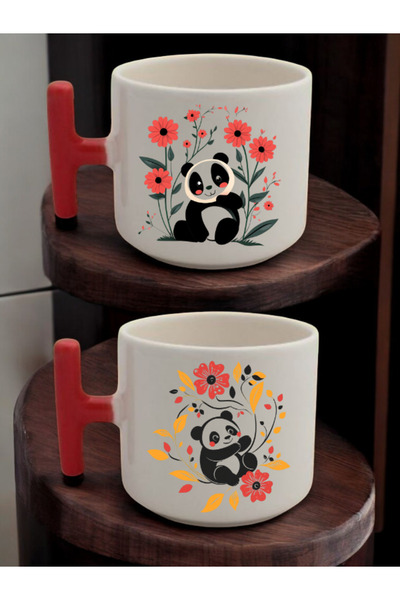 lili hediyelik طقم من كوبين للاتيه مطبوع عليه باندا بين الزهور - أكواب سيرامي...