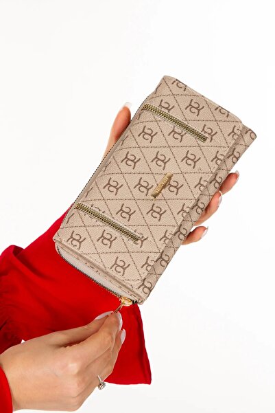 Eliza Kadın Deri Desenli Telefon Kağıt Para Bölmeli Kartlık ve Cüzdan -Bej