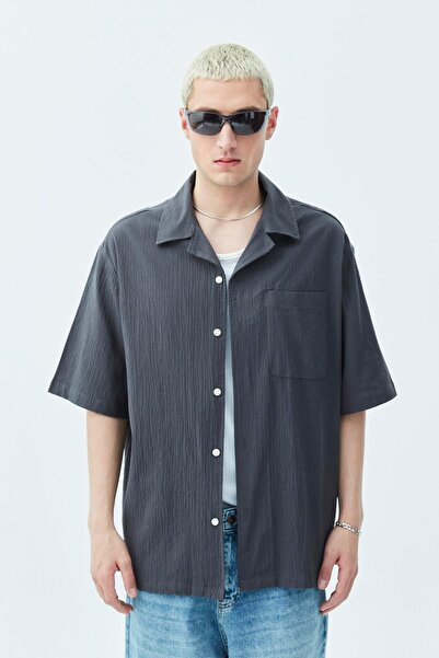 VAMOSCLO Cep Detaylı Kısa Kol Oversize Keten Gömlek Antrasit