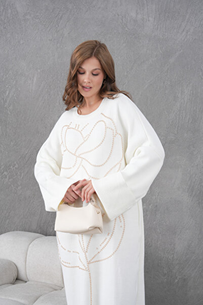 Miss Allos Γυναικείο μακρύ πλεκτό φόρεμα με φαρδύ κορμό και κέντημα με χάντρες στο μπροστινό μέρος