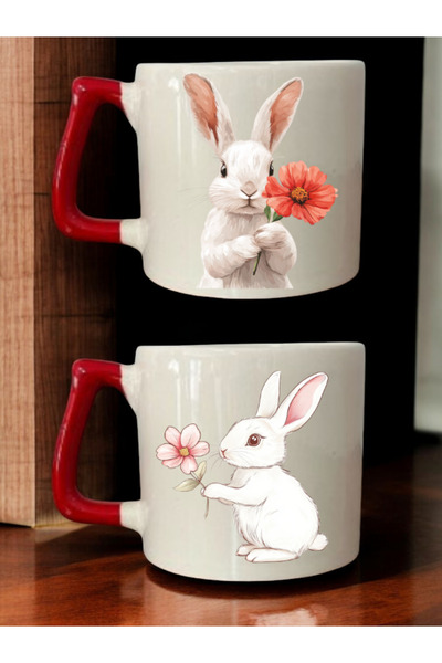 lili hediyelik Floral Rabbit Printed 2-Piece Coffee Cup Ceramic Mug - Ceramic Tea, Coffee Gift Cup