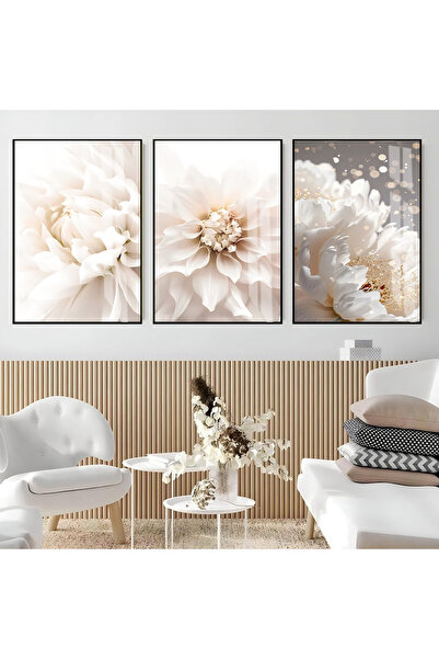 Harikabirev Hari̇kabi̇rev | Soft White-Cream Tone Flowers Model | Framed Glass Table 3-Piece Vertical