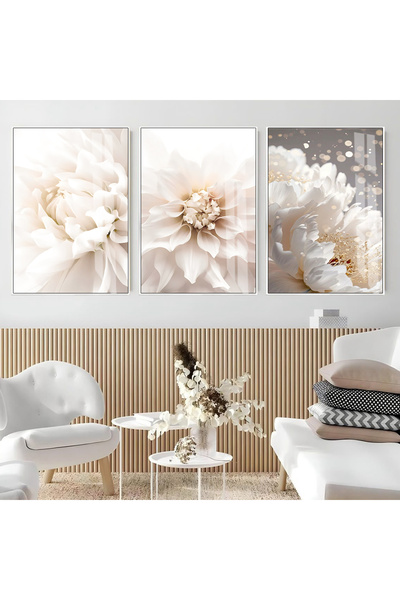 Harikabirev Hari̇kabi̇rev | Soft White-Cream Tone Flowers Model | Framed Glass Table 3-Piece Vertical