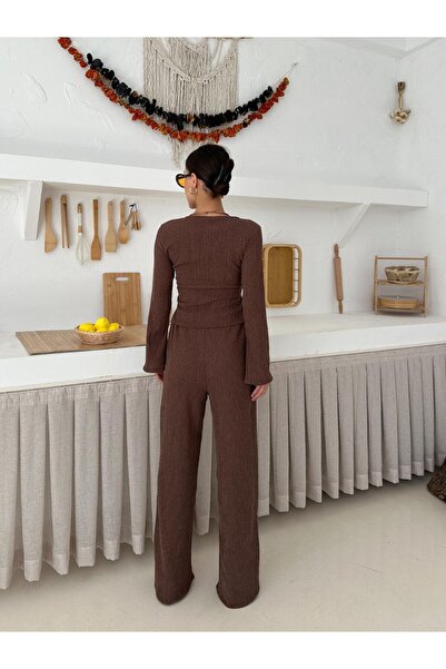mielva Women's Brown Buckle Double Breasted Top and Wide Leg Pants Set