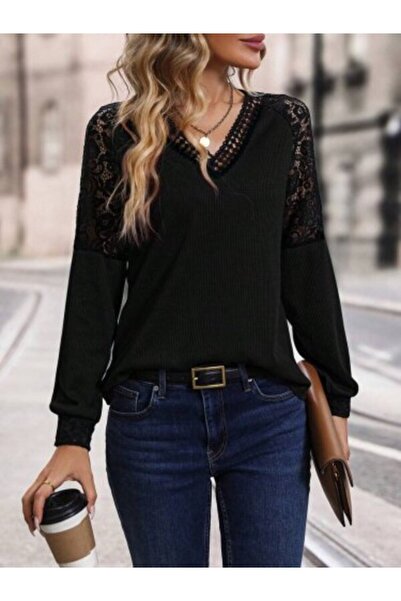 Modayakamoz Yeni Sezon Waffle Kumaş Dantelli Bluz Kadın Uzun Kollu V Yaka