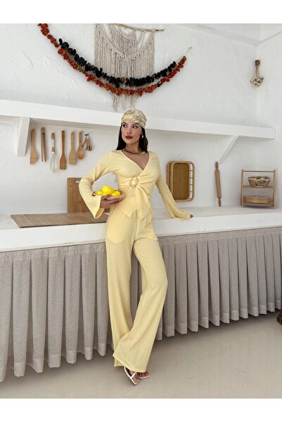 mielva Women's Yellow Buckle Double Breasted Top and Wide Leg Pants Set
