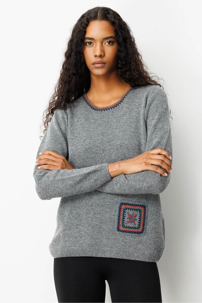Desen Triko Women's Crew Neck Pocket and Collar Crocheted Wool Sweater Smoked