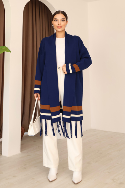 ALCHON U-Neck Long Sleeve Striped Stripe Interlace Pattern Skirt Tassel Shawl Look Seasonal Knitwear Cardigan
