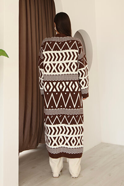 ALCHON V-Neck Off-The-Shoulder Long-Sleeved Geometric-Shaped Jacquard Midi Below-The-Knee Length Thick Winter Knitwear Cardigan