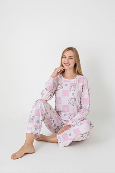 MODA طقم بيجامة نسائية مريحة من القطن بأكمام طويلة وطباعة البط