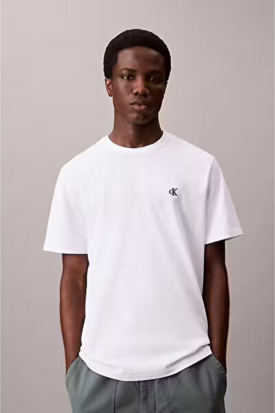 Calvin Klein Men's Regular Fit Monogram Embroidered Cotton T-Shirt - White