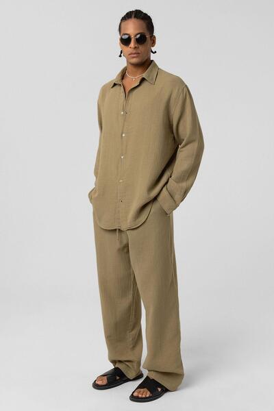 VAMOSCLO Oversize Long Sleeve Muslin Fabric Shirt Khaki