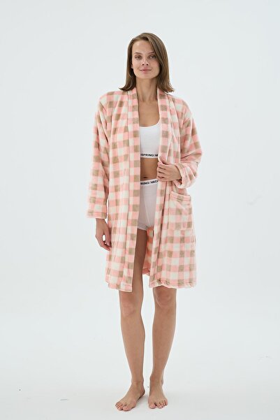 Sevim Women's Soft Square Patterned Belted Dressing Gown with Pockets – Pink Beige C6T8N261