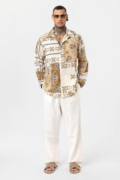 VAMOSCLO Ethnic Patterned Oversize Shirt Mink