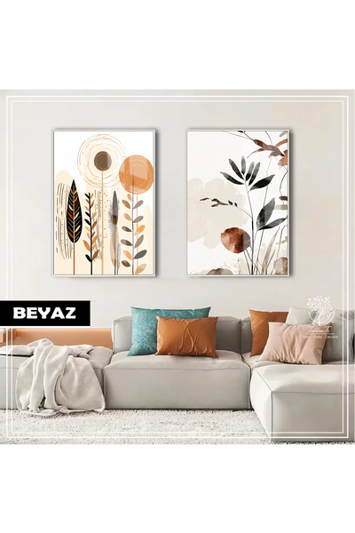 Harikabirev Hari̇kabi̇rev | Brown Color-Orange Bohemian Plant Combination | Framed Glass Table 2-Piece Vertical