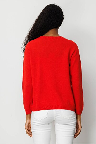 Desen Triko Women's Crew Neck Shoulder Embroidered Wool Sweater Coral