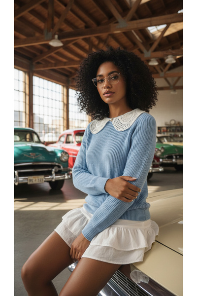 NİLZA Blue Lace Collar Pearl Button Knitwear Sweater