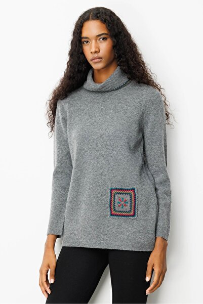 Desen Triko Women's Degaje Collar Pocket and Collar Crocheted Wool Sweater Smoked