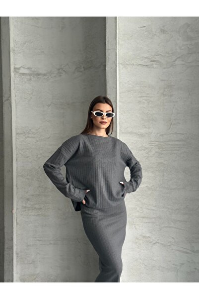 ezber moda طقم تنورة نسائي من القطن بياقة دائرية