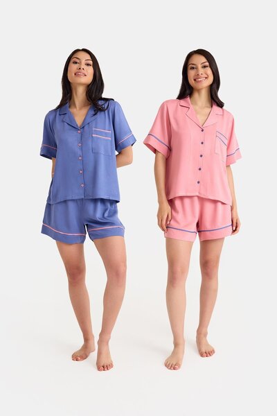 Amarelle Dream Blue/Pink Short Sleeve with Shorts Front Buttoned 4 Pieces Pajamas Suit Set