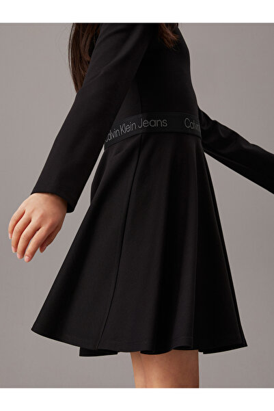 Calvin Klein Girls Black Long Sleeve Flared Punto Logo Dress