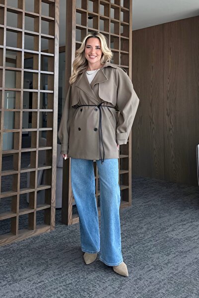 Laluvia Khaki Leather Rope Belted Windbreaker Trench Coat - 7488